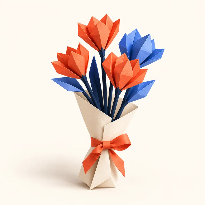 Folded-paper flowers in Thoughtsent’s coral and blue palette.