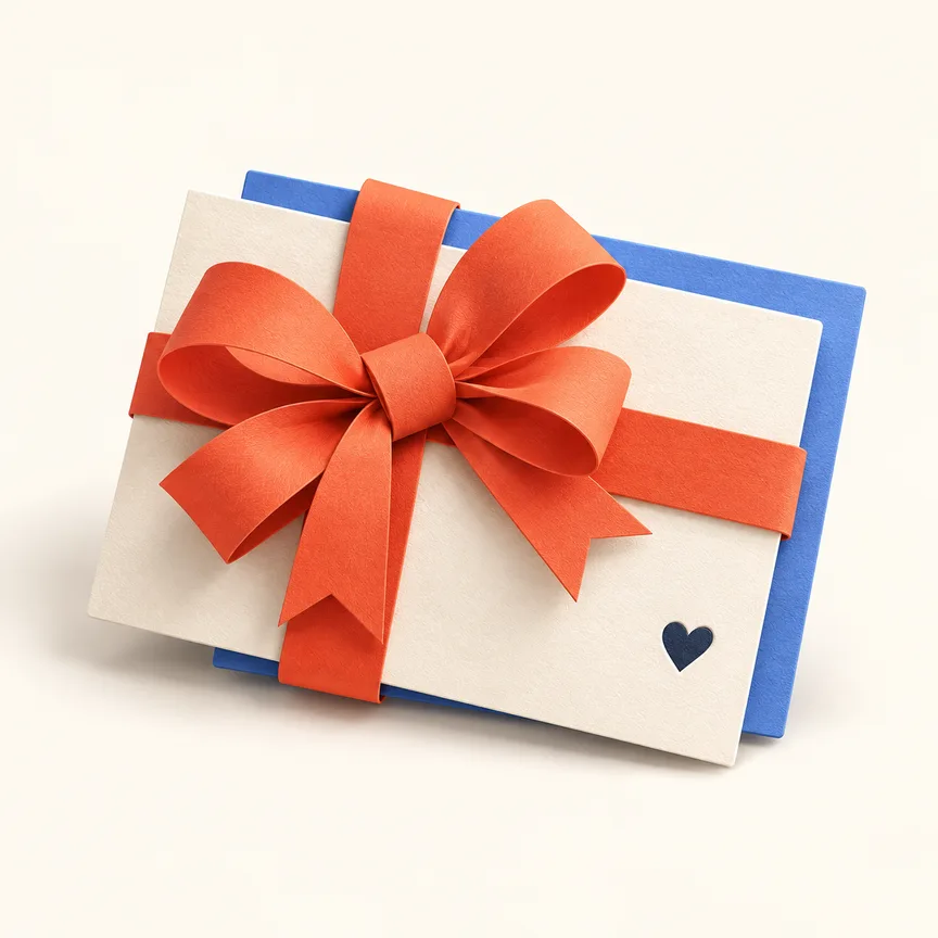 A sculptural gift-card envelope in Thoughtsent’s coral and blue palette.