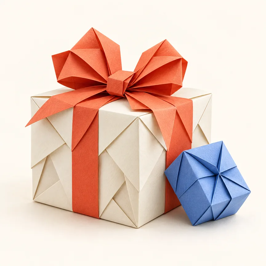 A folded-paper gift with a coral ribbon in Thoughtsent’s coral and blue palette.