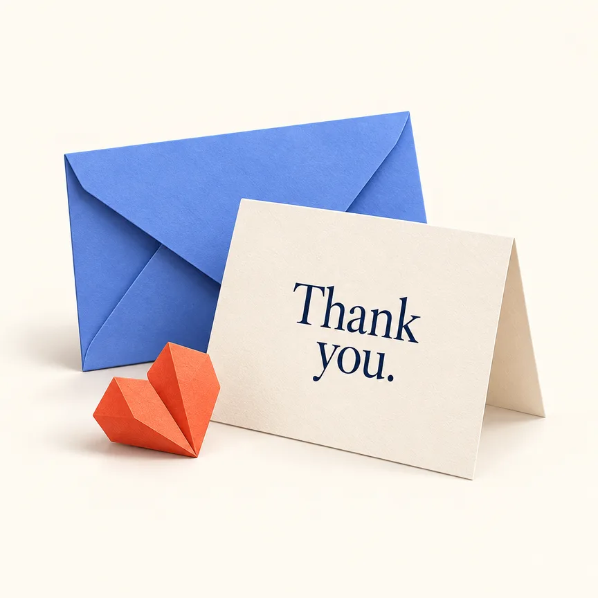 A sculptural thank-you card in Thoughtsent’s coral and blue palette.