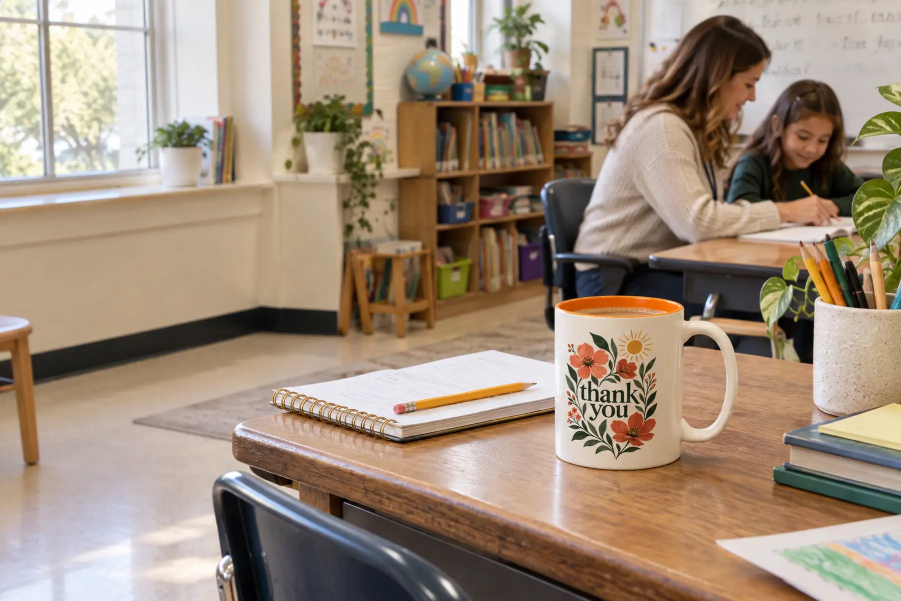 A floral thank-you mug on a classroom desk, with a teacher helping a student in the background.